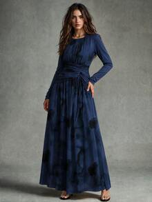 Calvaya Women's Elegant Tie Dye Print Mesh Elastic Waist Ruched Flared Hem Long Sleeve Dress - Navy Blue - View 6