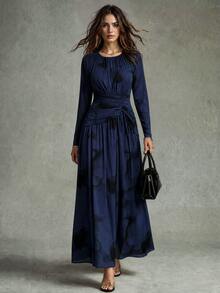 Calvaya Women's Elegant Tie Dye Print Mesh Elastic Waist Ruched Flared Hem Long Sleeve Dress - Navy Blue - View 4