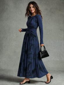 Calvaya Women's Elegant Tie Dye Print Mesh Elastic Waist Ruched Flared Hem Long Sleeve Dress - Navy Blue - View 3