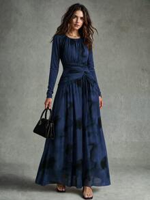 Calvaya Women's Elegant Tie Dye Print Mesh Elastic Waist Ruched Flared Hem Long Sleeve Dress - Navy Blue - View 1