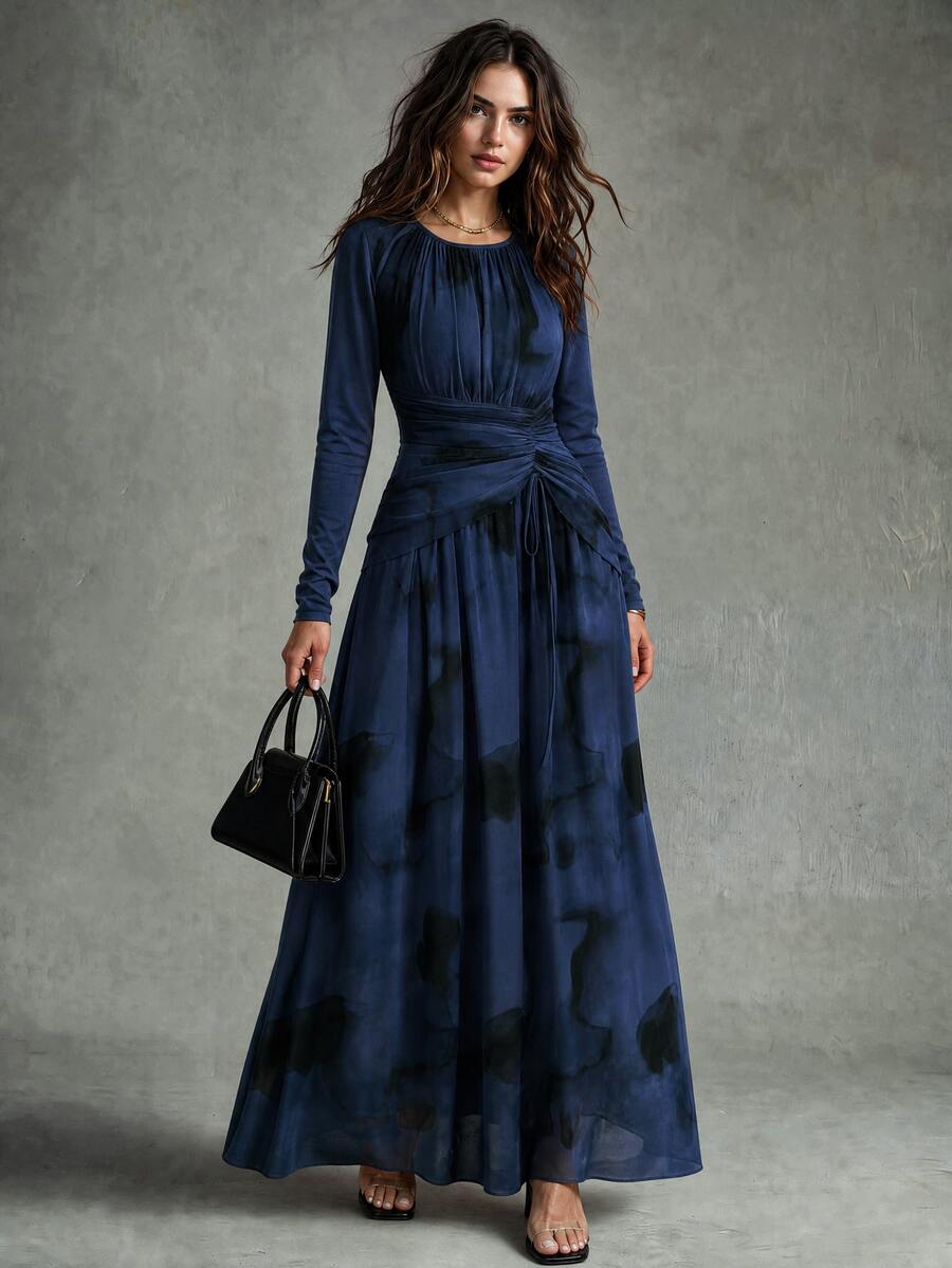 Calvaya Women's Elegant Tie Dye Print Mesh Elastic Waist Ruched Flared Hem Long Sleeve Dress - Navy Blue - View 1