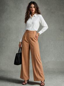 Calvaya 女式纯色前扣长袖基本款休闲上衣 - 白色 - 查看 4