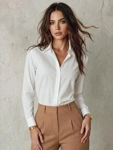Calvaya 女式纯色前扣长袖基本款休闲上衣 - 白色 - 查看 5