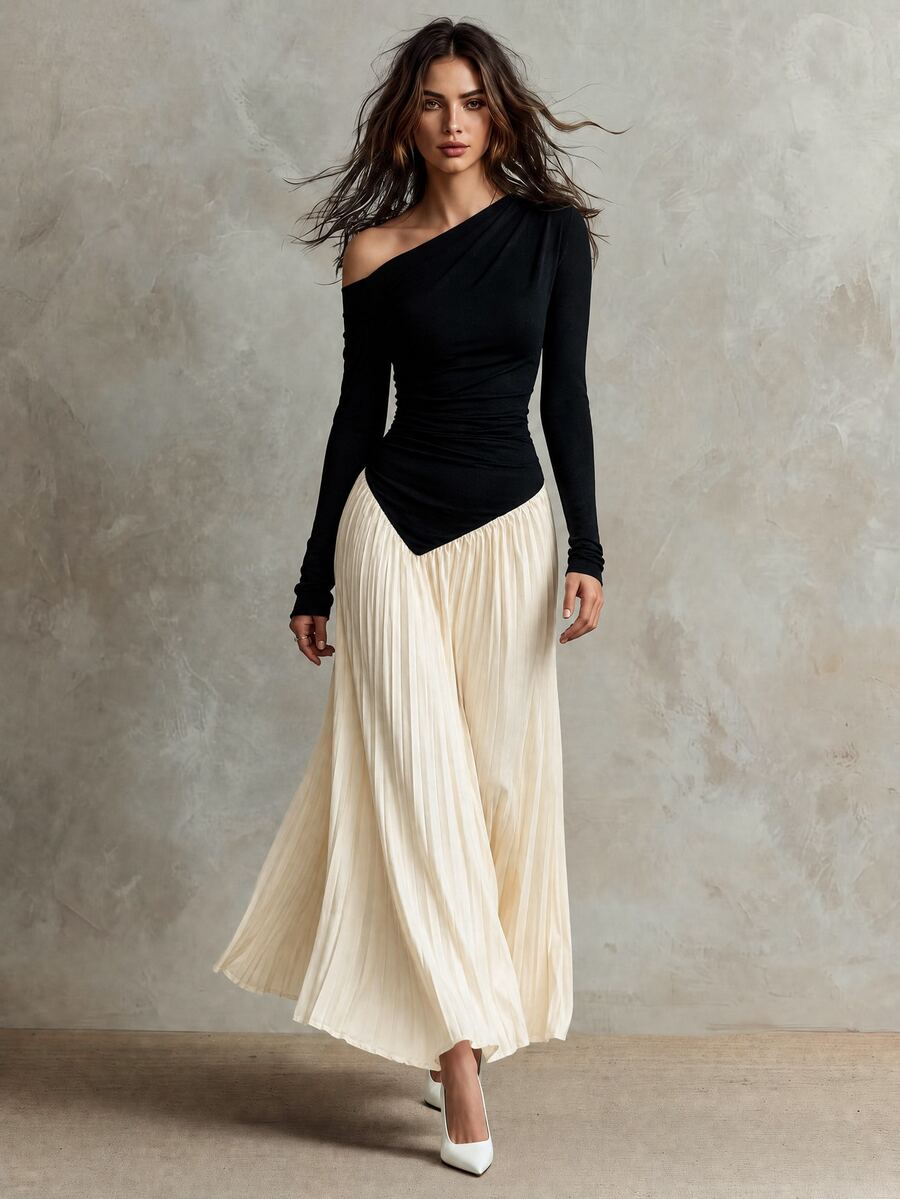 Calvaya Women's Oblique Shoulder Stitched Ruched Waist Ruched Hem Elegant Long Dress Maxi Women Outfit Fall Cloth For Women - Apricot - View 1