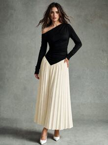 Calvaya Women's Oblique Shoulder Stitched Ruched Waist Ruched Hem Elegant Long Dress Maxi Women Outfit Fall Cloth For Women - Apricot - View 6