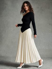 Calvaya Women's Oblique Shoulder Stitched Ruched Waist Ruched Hem Elegant Long Dress Maxi Women Outfit Fall Cloth For Women - Apricot - View 4