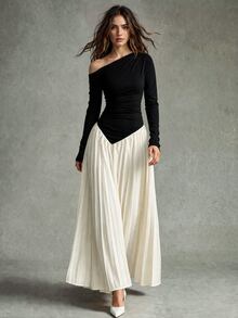 Calvaya Women's Oblique Shoulder Stitched Ruched Waist Ruched Hem Elegant Long Dress Maxi Women Outfit Fall Cloth For Women - Apricot - View 5