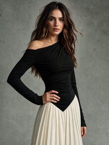 Calvaya Women's Oblique Shoulder Stitched Ruched Waist Ruched Hem Elegant Long Dress Maxi Women Outfit Fall Cloth For Women - Apricot - View 3