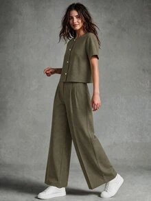 Calvaya 2 件套女士时尚优雅圆领短袖衬衫和休闲裤套装 - 咖啡棕 - 查看 4