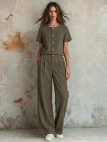 Calvaya 2 件套女士时尚优雅圆领短袖衬衫和休闲裤套装 - 咖啡棕 - 查看 1