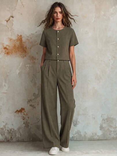 Calvaya 2pcs Women's Fashion Elegant Round Neck Short Sleeve Shirt & Casual Pants Set Sage Green Outfit Blouse And Pants Set Shirt And Pants Set Olive Green Outfit Women Pants Suit