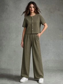 Calvaya 2 件套女士时尚优雅圆领短袖衬衫和休闲裤套装 - 咖啡棕 - 查看 5