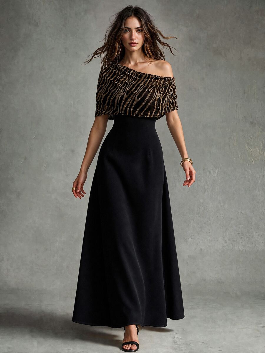 Calvaya Asymmetrical Neck Striped Patchwork Bodycon Sexy Elegant Party Dress - Black - View 1