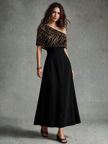 Calvaya Asymmetrical Neck Striped Patchwork Bodycon Sexy Elegant Party Dress - Black - View 6