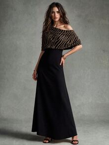 Calvaya Asymmetrical Neck Striped Patchwork Bodycon Sexy Elegant Party Dress - Black - View 3