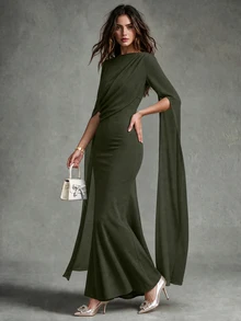 Calvaya Elegant Gathered Waist Bodycon Oblique Shoulder Ruched Sheer Flowy Sleeve Split Dress, Knit Stretchy Red Women's Gown, Formal Party Occasion Autumn/Winter ,Petite Women - Green - View 6