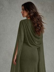 Calvaya Elegant Gathered Waist Bodycon Oblique Shoulder Ruched Sheer Flowy Sleeve Split Dress, Knit Stretchy Red Women's Gown, Formal Party Occasion Autumn/Winter ,Petite Women - Green - View 2