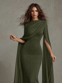Calvaya Elegant Gathered Waist Bodycon Oblique Shoulder Ruched Sheer Flowy Sleeve Split Dress, Knit Stretchy Red Women's Gown, Formal Party Occasion Autumn/Winter ,Petite Women - Green - View 4