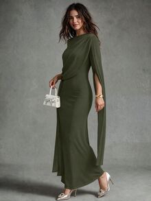 Calvaya Elegant Gathered Waist Bodycon Oblique Shoulder Ruched Sheer Flowy Sleeve Split Dress, Knit Stretchy Red Women's Gown, Formal Party Occasion Autumn/Winter ,Petite Women - Green - View 3