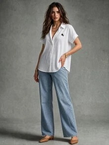 Calvaya Women's Casual Minimalist Collared Batwing Sleeve Shirt, Summer - White - View 5