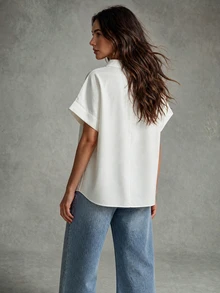 Calvaya Women's Casual Minimalist Collared Batwing Sleeve Shirt, Summer - White - View 2