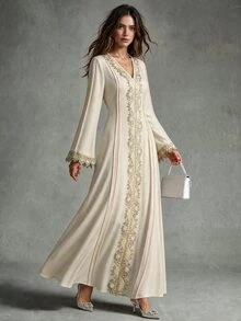 Calvaya Women's Loose V-Neck Ruffle Trim Long Sleeve Robe/Long Dress, Turkish Robe, Arabic House Dress Fall Cloth For Women Elegant - Apricot - View 1