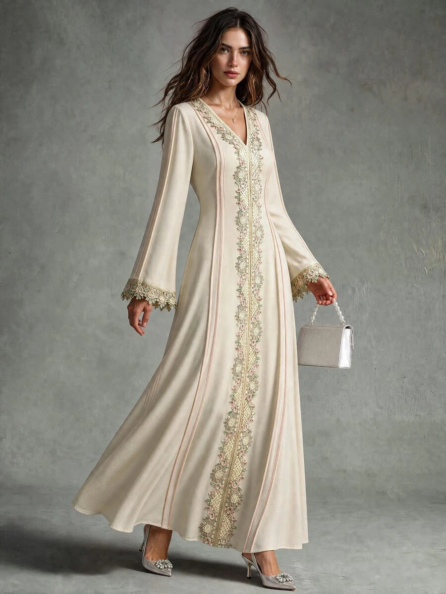 Calvaya Women's Loose V-Neck Ruffle Trim Long Sleeve Robe/Long Dress, Turkish Robe, Arabic House Dress Fall Cloth For Women Elegant - Apricot - View 1