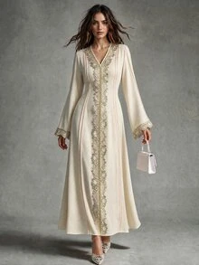 Calvaya Women's Loose V-Neck Ruffle Trim Long Sleeve Robe/Long Dress, Turkish Robe, Arabic House Dress Fall Cloth For Women Elegant - Apricot - View 5