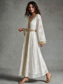 Calvaya 女款V領長袖金色花卉蕾絲拼接洋裝，秋季優雅女裝 - 杏色 - 查看 6