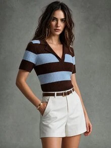 Calvaya Contrast Stripe Polo Collar Knit Top, French Street Style, Short Sleeve Summer Blouse - Coffee Brown - View 1