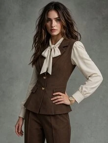 Calvaya Women's Spring/Summer French V-Neck Elegant Bow Button Sleeveless Fitted A-Line White Blazer - Coffee Brown - View 3