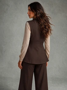 Calvaya Women's Spring/Summer French V-Neck Elegant Bow Button Sleeveless Fitted A-Line White Blazer - Coffee Brown - View 2
