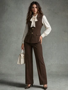 Calvaya Women's Spring/Summer French V-Neck Elegant Bow Button Sleeveless Fitted A-Line White Blazer - Coffee Brown - View 4