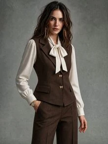 Calvaya Women's Spring/Summer French V-Neck Elegant Bow Button Sleeveless Fitted A-Line White Blazer - Coffee Brown - View 5