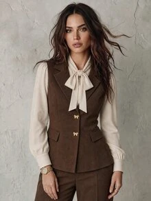 Calvaya Women's Spring/Summer French V-Neck Elegant Bow Button Sleeveless Fitted A-Line White Blazer - Coffee Brown - View 1