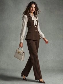 Calvaya Women's Spring/Summer French V-Neck Elegant Bow Button Sleeveless Fitted A-Line White Blazer - Coffee Brown - View 6