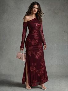 Calvaya Jacquard Mesh Asymmetric Slit Dress For Women - Burgundy - View 4