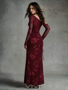 Calvaya Jacquard Mesh Asymmetric Slit Dress For Women - Burgundy - View 2