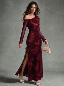 Calvaya Jacquard Mesh Asymmetric Slit Dress For Women - Burgundy - View 1