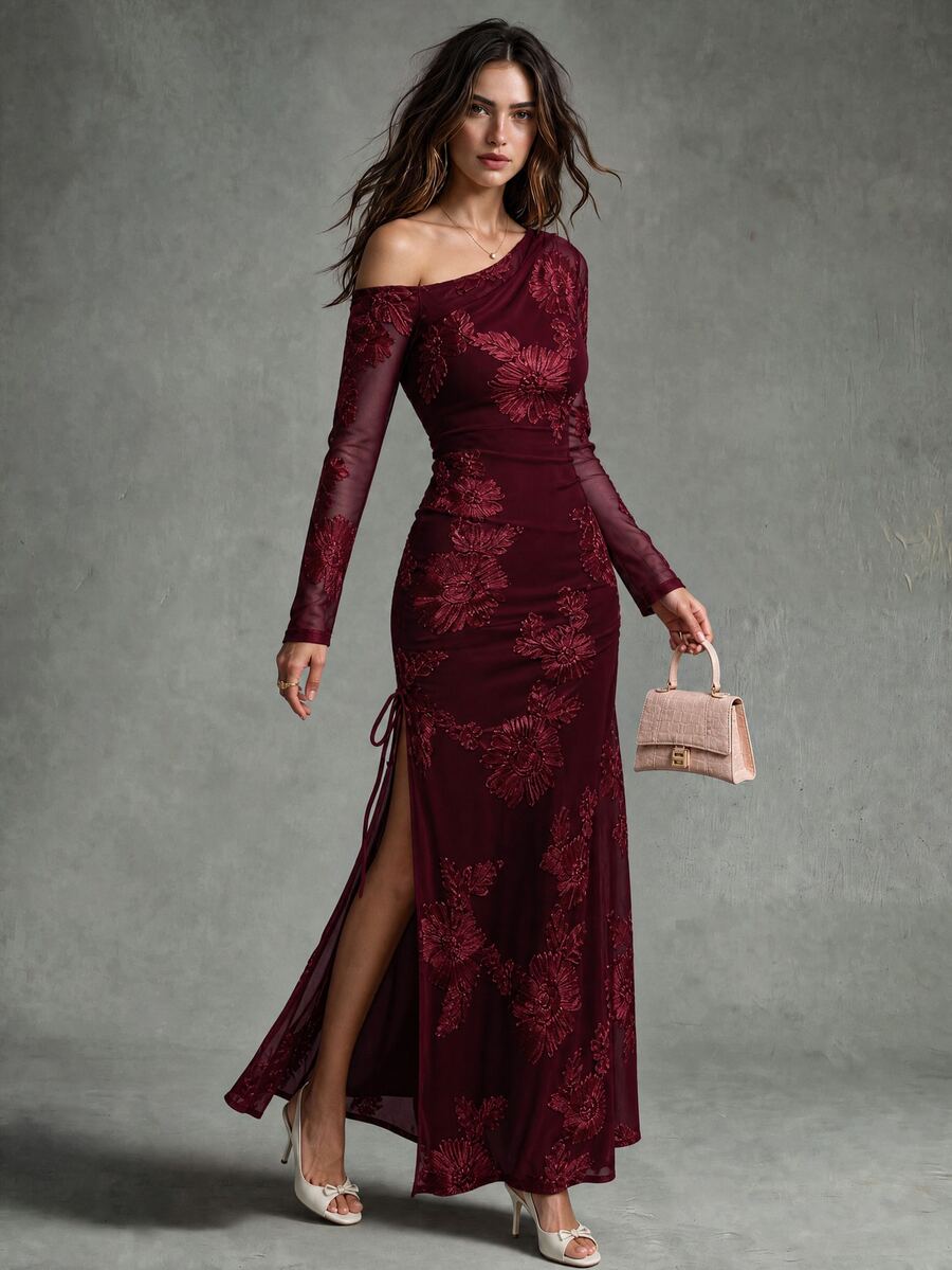 Calvaya Jacquard Mesh Asymmetric Slit Dress For Women - Burgundy - View 1