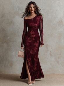 Calvaya Jacquard Mesh Asymmetric Slit Dress For Women - Burgundy - View 5