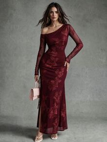 Calvaya Jacquard Mesh Asymmetric Slit Dress For Women - Burgundy - View 3