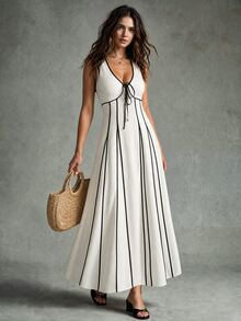 Calvaya V-Neck Sleeveless Contrast Striped Cinched Waist Casual Dress Party - Apricot - View 1