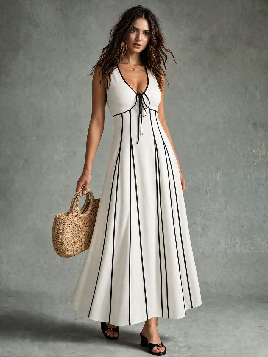 Calvaya V-Neck Sleeveless Contrast Striped Cinched Waist Casual Dress Party - Apricot - View 1