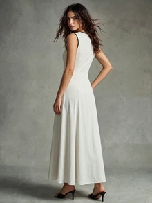 Calvaya V-Neck Sleeveless Contrast Striped Cinched Waist Casual Dress Party - Apricot - View 2