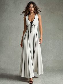 Calvaya V-Neck Sleeveless Contrast Striped Cinched Waist Casual Dress Party - Apricot - View 5