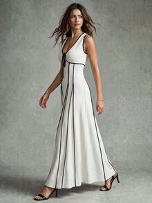 Calvaya V-Neck Sleeveless Contrast Striped Cinched Waist Casual Dress Party - Apricot - View 4