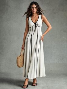 Calvaya V-Neck Sleeveless Contrast Striped Cinched Waist Casual Dress Party - Apricot - View 6