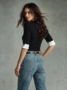 Calvaya 2-In-1 Polo Collar Patchwork Short Sleeve T-Shirt Women Slim Fit Pullover, Spring/Summer Clothing - Black - View 2