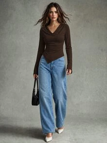 Calvaya Women's Asymmetrical Hem V Neck Waist Cinched Knit T-Shirt, Suitable For Winter And New Year Casual - Brown - View 5